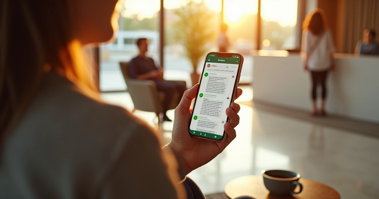 Hóspede sentado no lobby lendo avaliações de hotel em tela de WhatsApp no celular 
