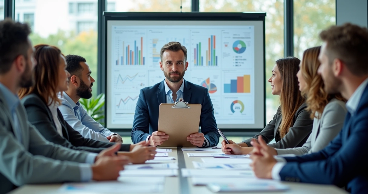 Pessoa analisando dados em prancheta em reunião de equipe 