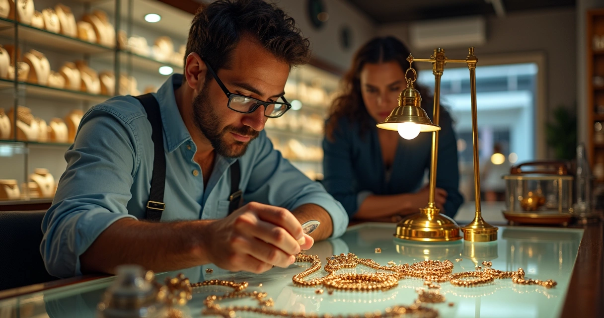 Avaliador examinando joias antigas em loja 