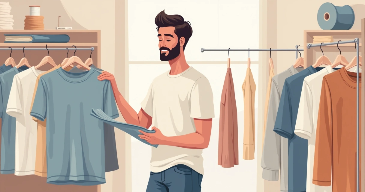 Homem analisando camiseta masculina em loja iluminada, com diferentes peças básicas penduradas ao fundo