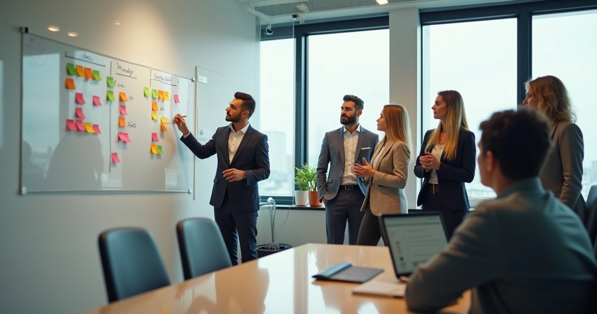 Grupo em reunião avaliando opções em quadro branco 