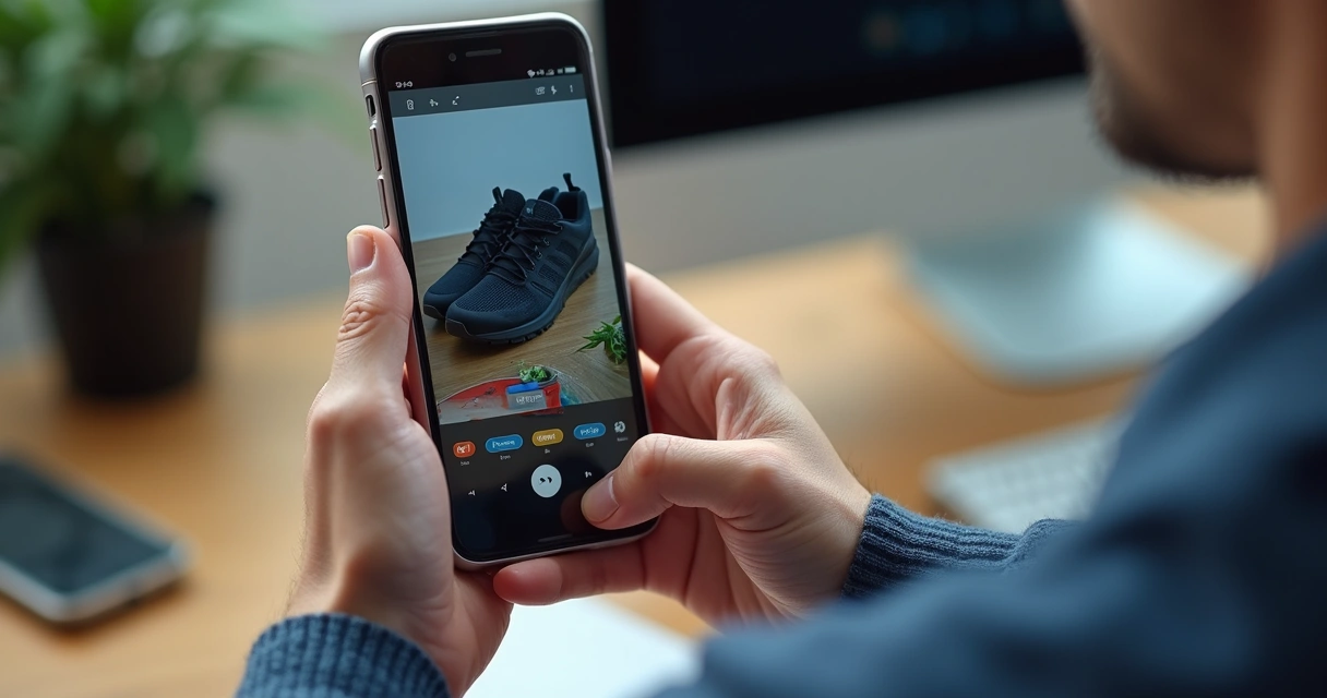 Pessoa utilizando app gratuito para avaliar uma foto de produto 