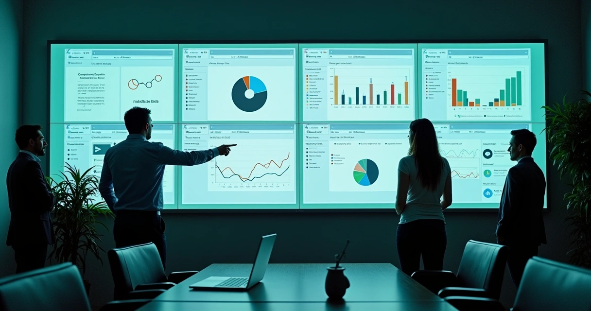 Grupo de empresários reunidos analisando portfólio de sites em uma tela grande 