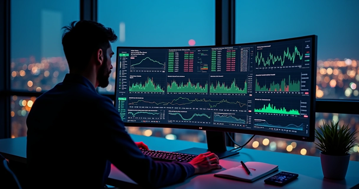 Trader analisa métricas avançadas de bot de trade em painel com gráficos 