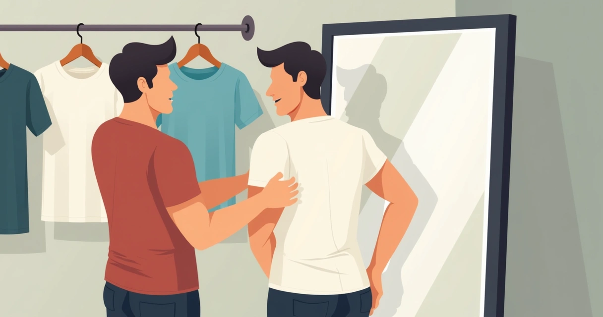 Homem experimentando camiseta masculina em frente ao espelho 