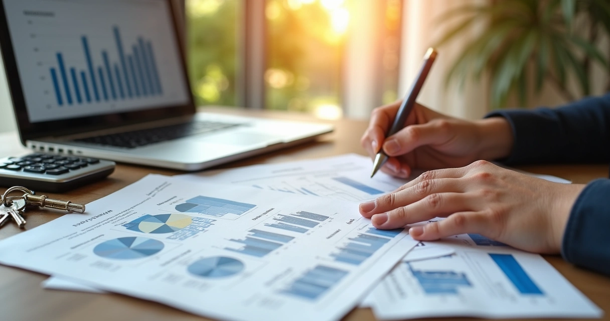 Pessoa analisando documentos imobiliários na mesa 