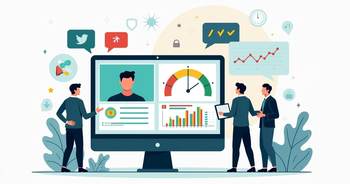 Ilustração de equipe de marketing analisando risco de fake news em influenciadores digitais 