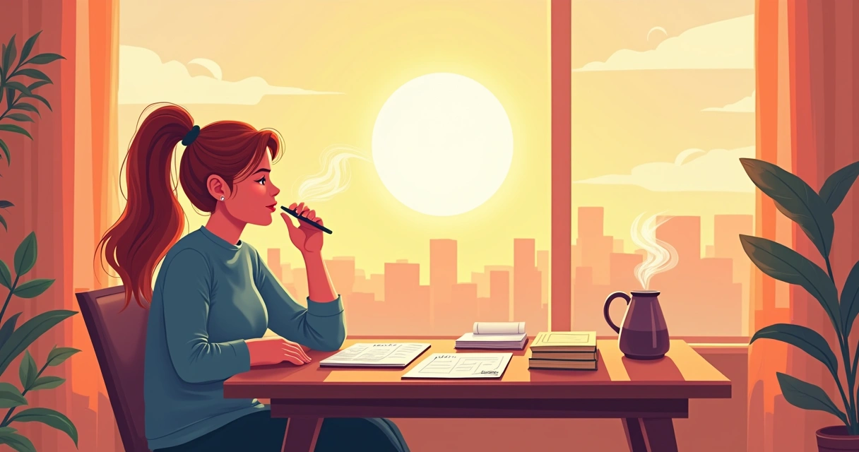 A pessoa em um escritório observa o pôr do sol, simbolizando calma e reflexão, enquanto documentos e uma equipe se destacam.