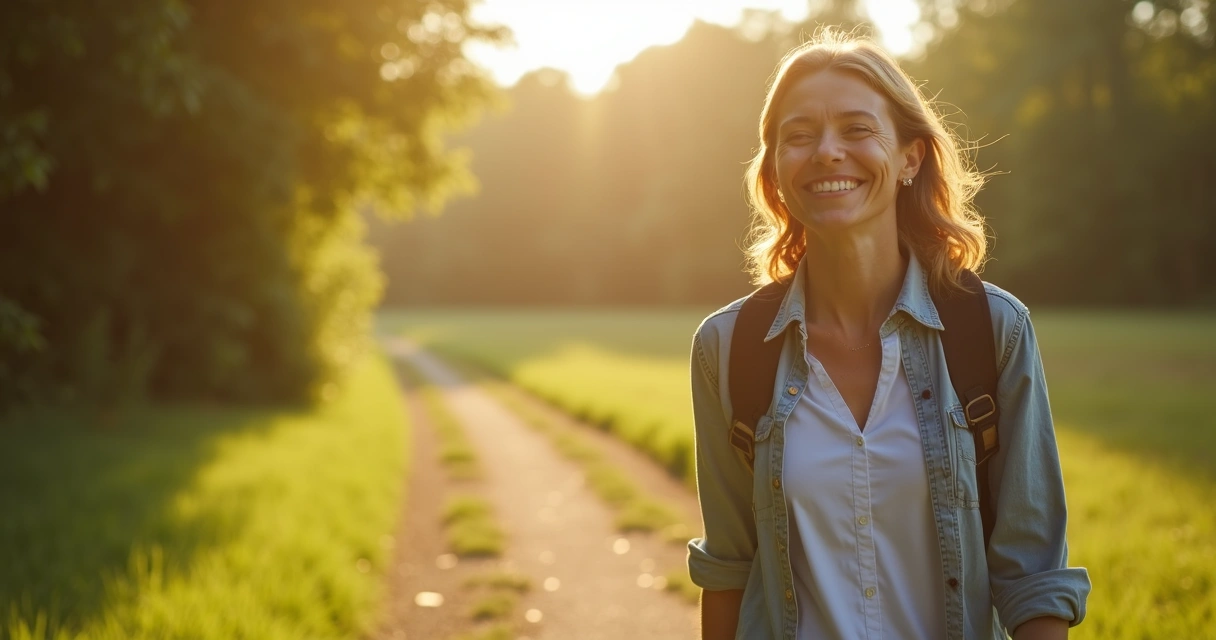 Persona sonriendo mientras avanza por un sendero natural 