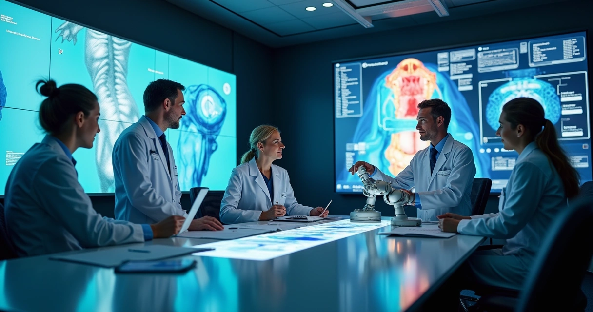 Equipe médica avaliando tecnologia robótica cirúrgica avançada