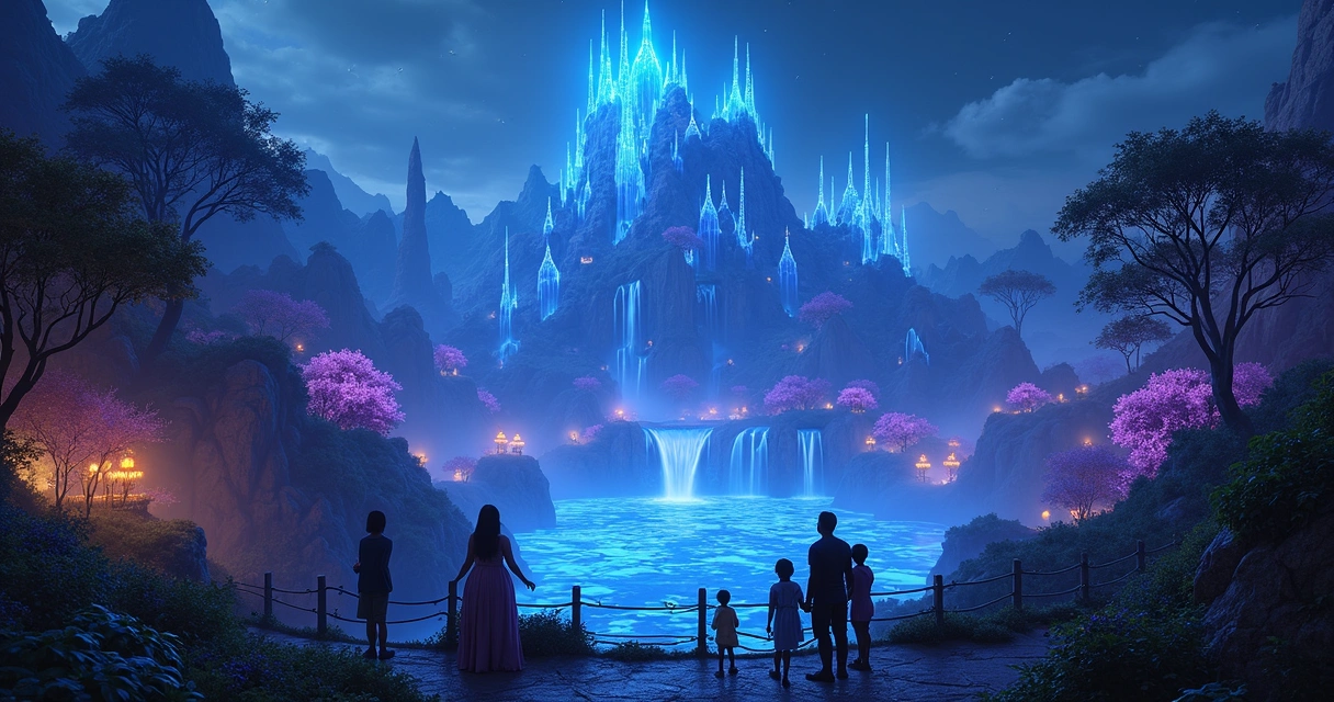 Montanha de Pandora iluminada no Animal Kingdom à noite 