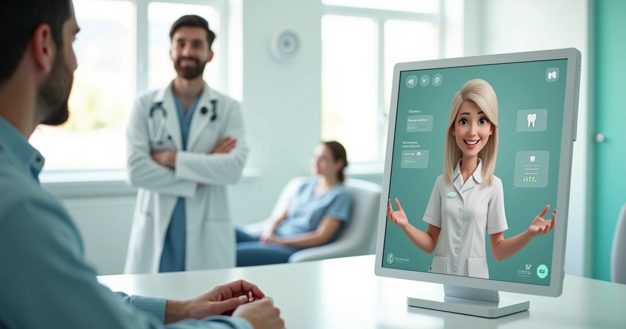Dentista observando avatar digital falando com paciente em tablet 