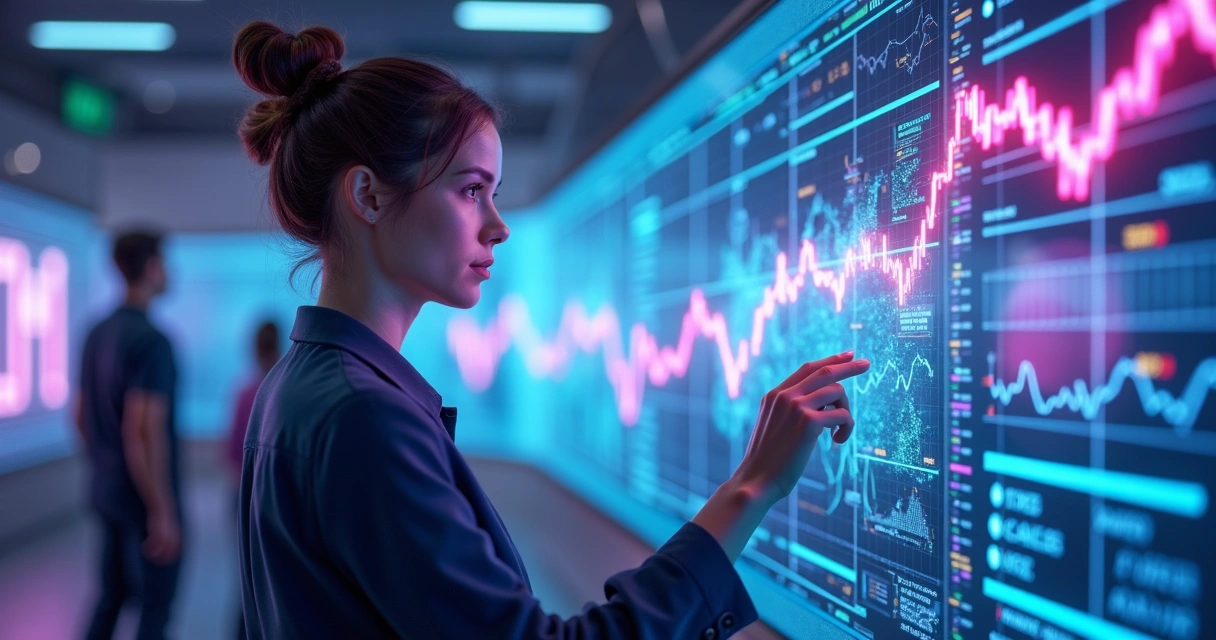 Avatar humano negociando ativos digitais em painel holográfico no metaverso