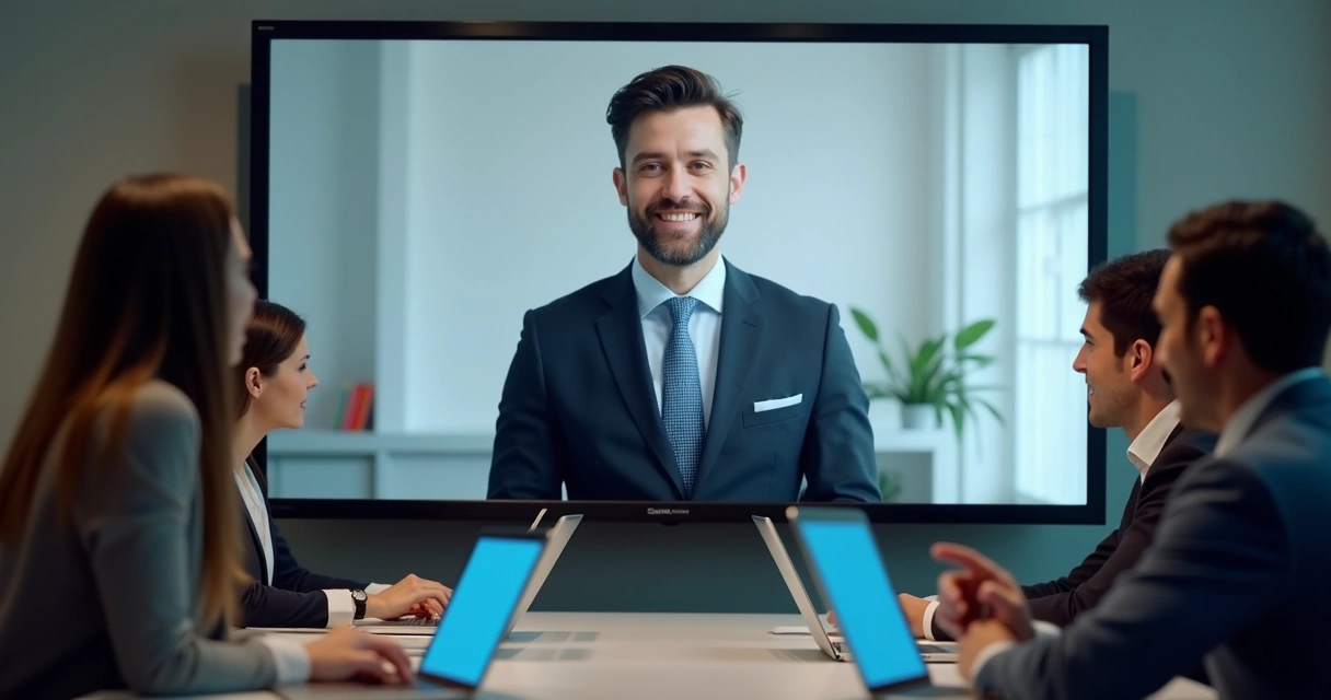 Ilustração de avatar AI fotorealista participando de videoconferência do Zoom 