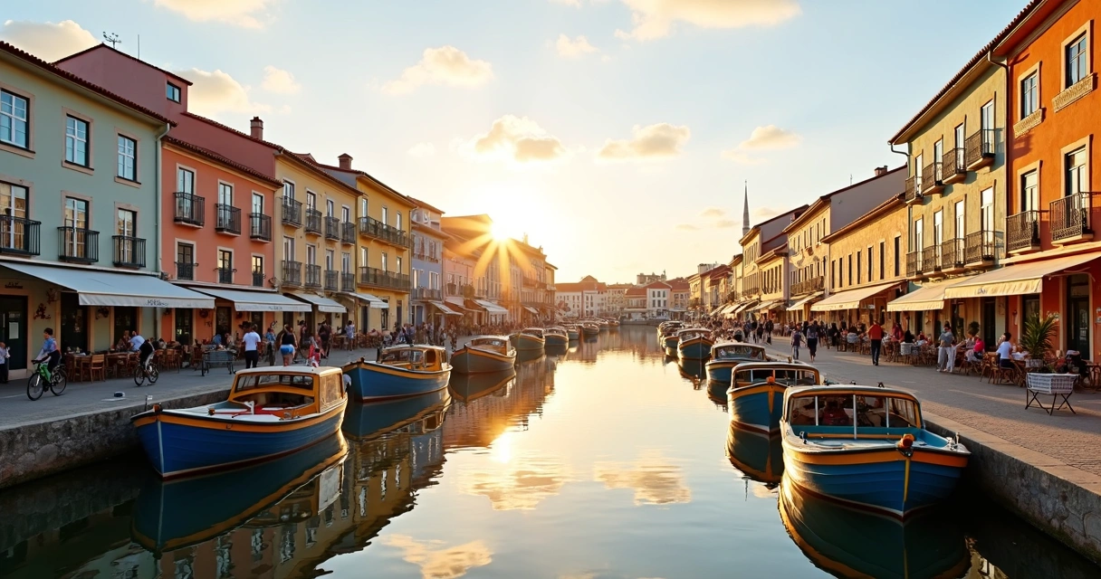 Vista da ria de Aveiro com barcos moliceiros coloridos e prédios residenciais ao fundo 