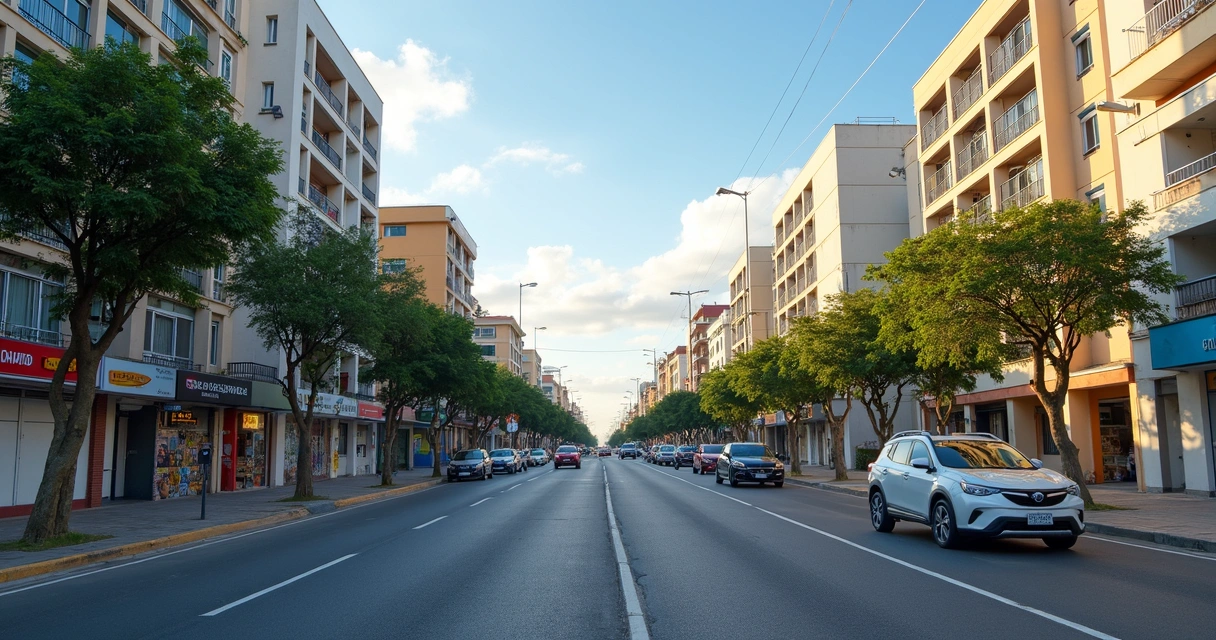 Avenida urbana em bairro valorizado de Contagem com prédios residenciais 