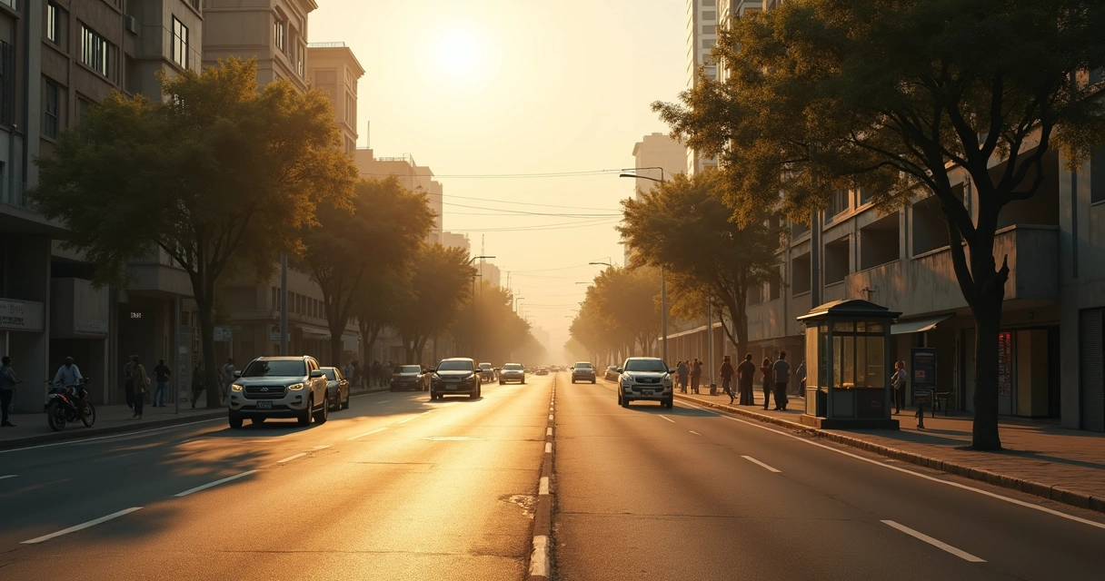 Avenida urbana com asfalto quente e poucas árvores 