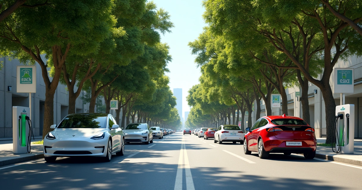 Avenida com carros elétricos e árvores 