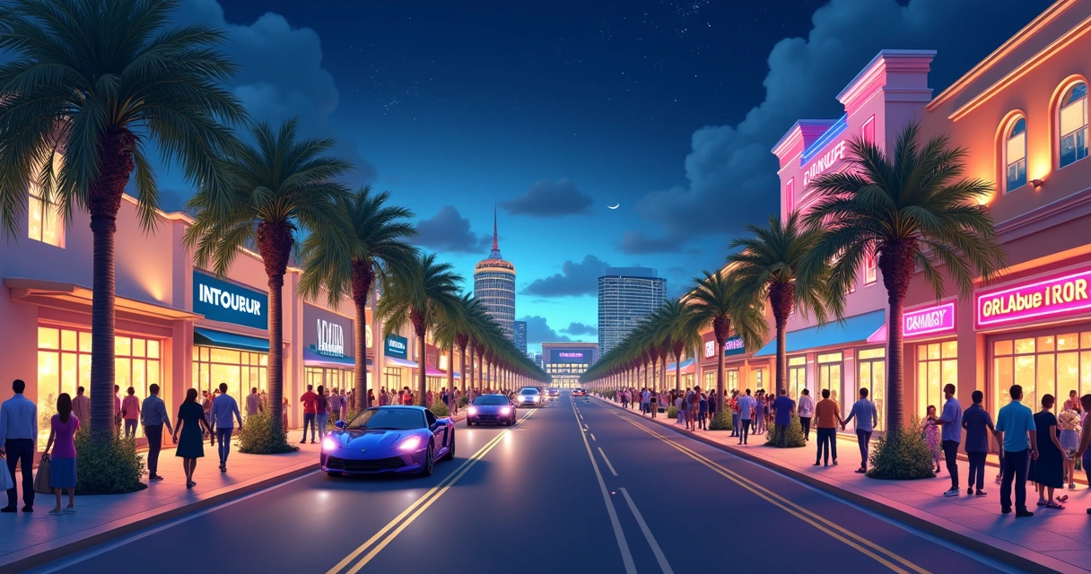 Illuminated commercial avenue at night with shops and pedestrians. 