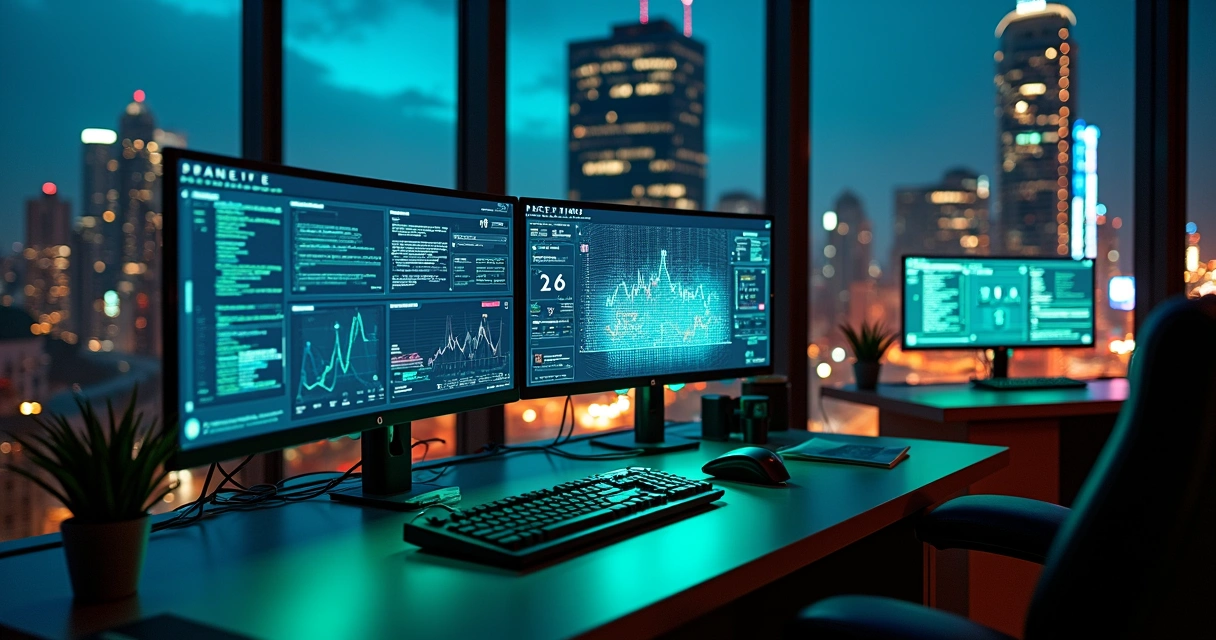 Estação de monitoramento de TI corporativo com vista para a Avenida Paulista à noite 