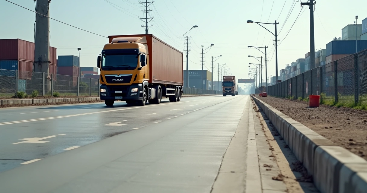 Trecho em concreto da Avenida Portuária com caminhões de carga