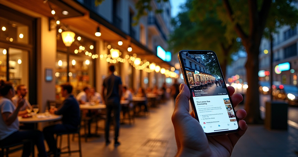 Rua movimentada de Rio Preto à noite com restaurantes e bares iluminados 