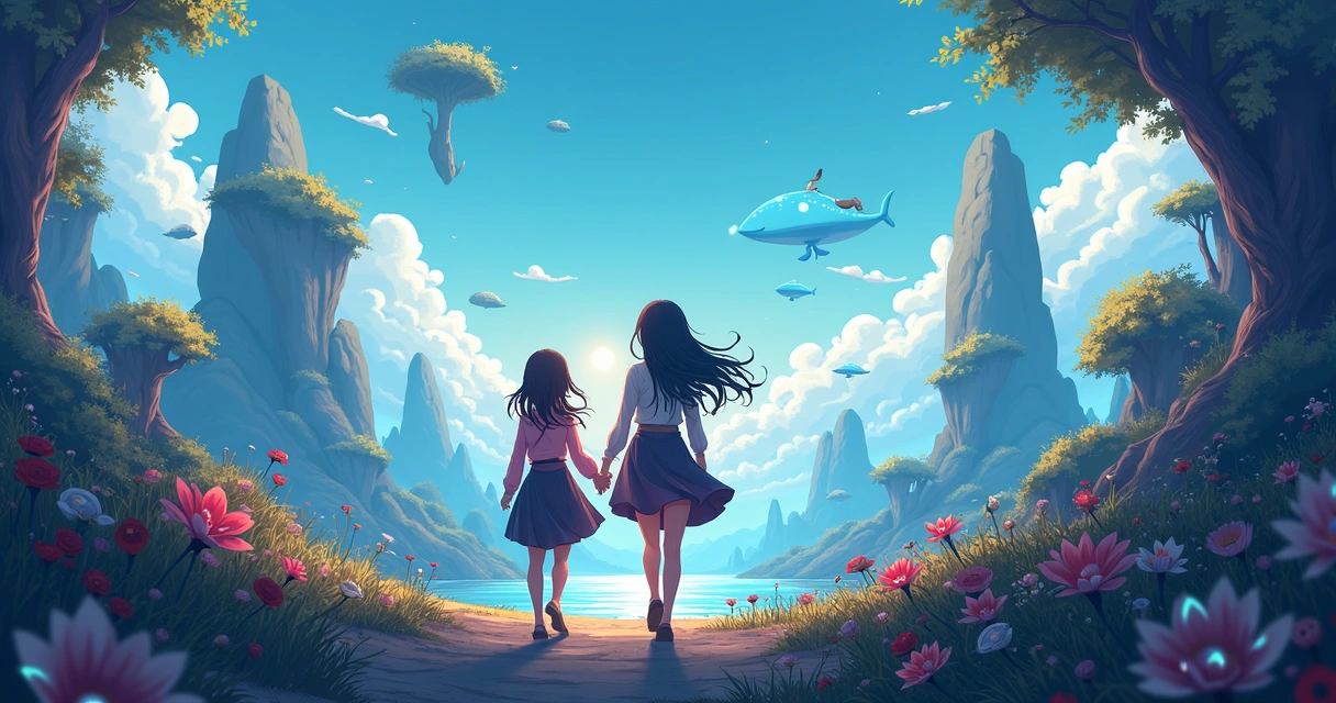 Duas garotas explorando mundo surreal em anime 