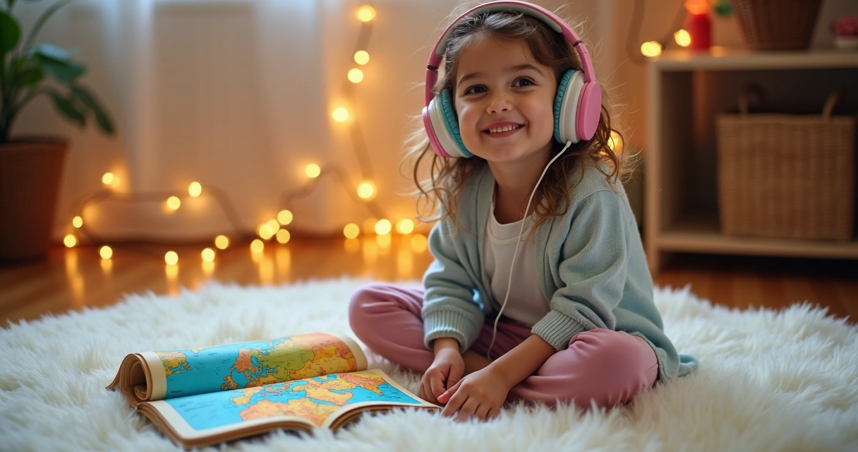 Criança sorrindo com fones de ouvido e Bíblia infantil aberta no colo 