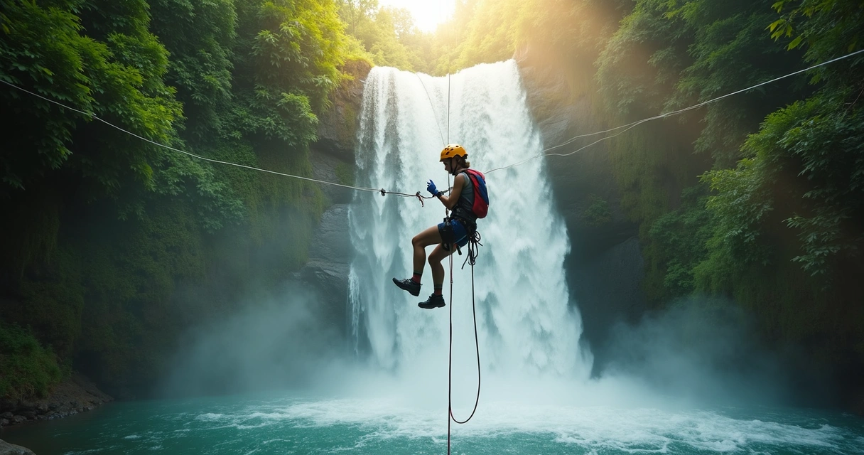 Pessoa praticando rapel em cachoeira de águas cristalinas 
