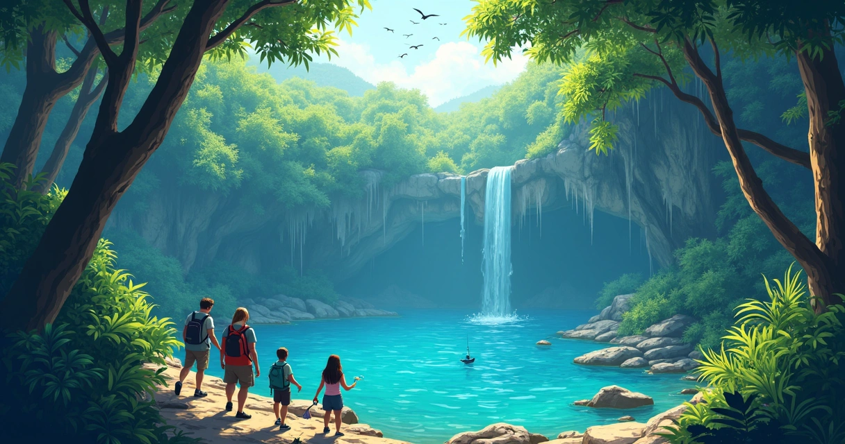 Turistas fazendo trilha em floresta tropical e mergulhando em cenote 