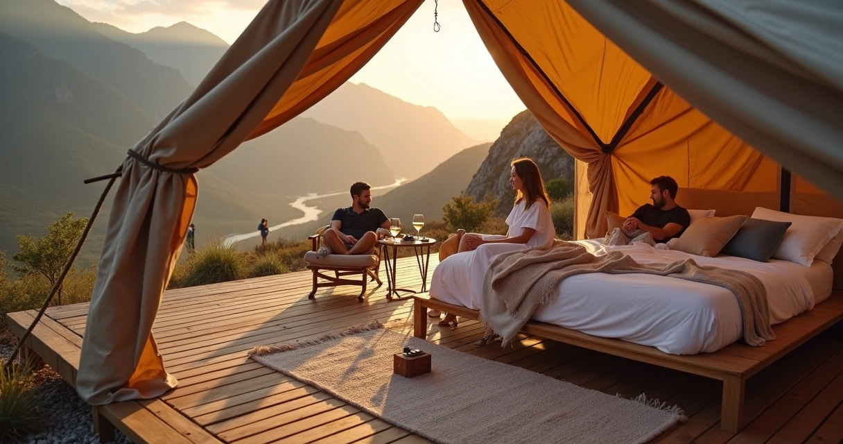 Casal em deck de glamping de luxo com vista para montanhas ao pôr do sol 