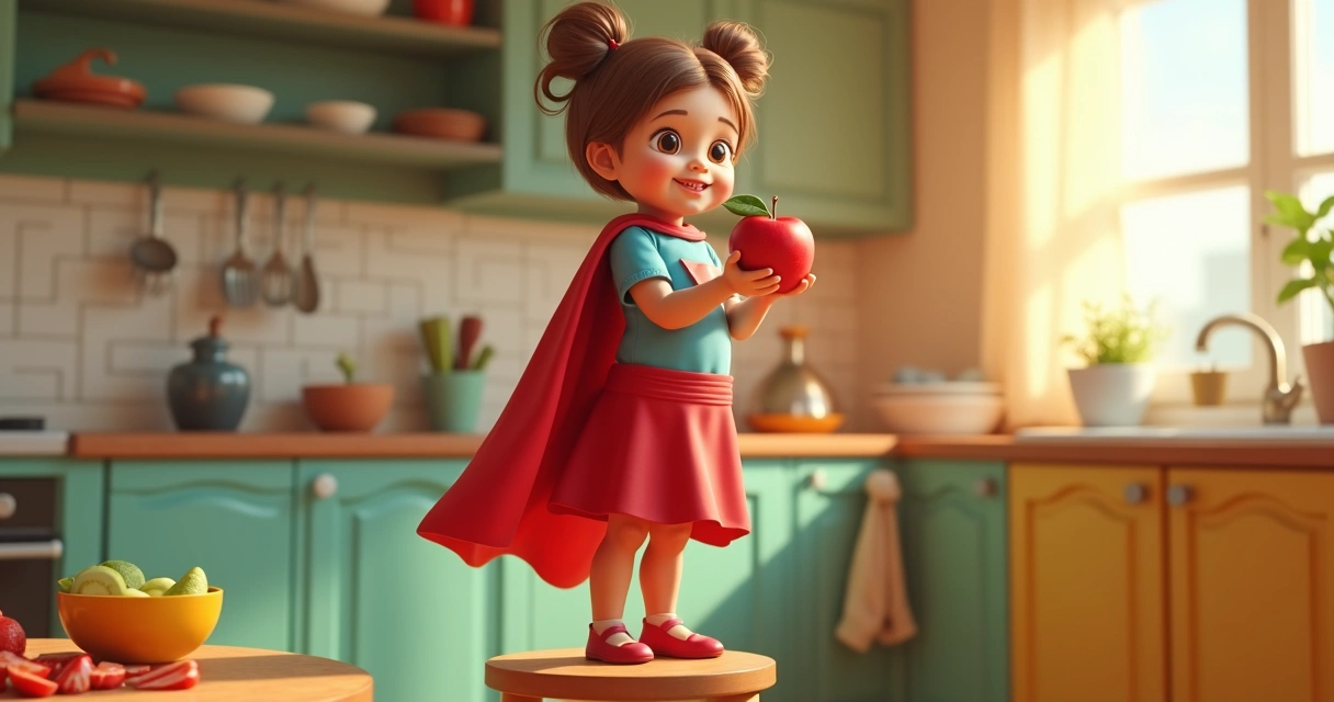 Menina fantasiada com capa segurando fruta em cozinha colorida 