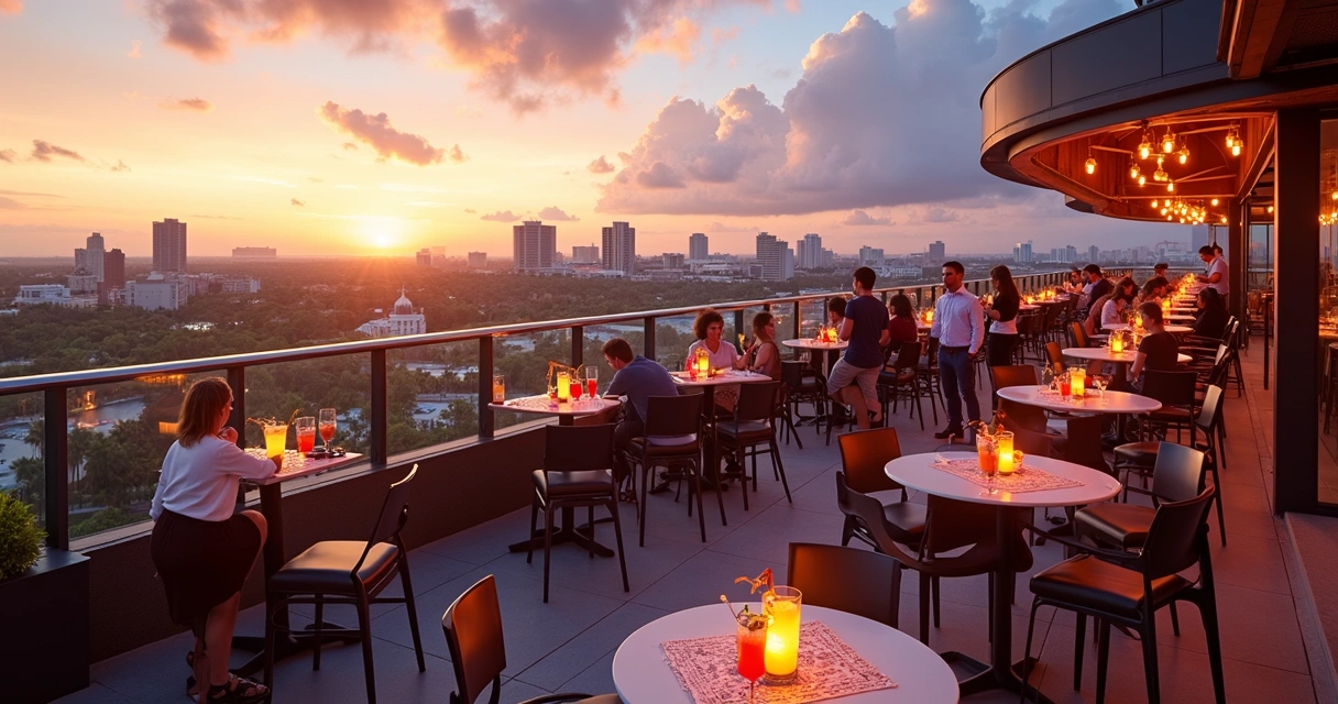 Bar rooftop do Aventura Hotel com vista panorâmica dos parques 