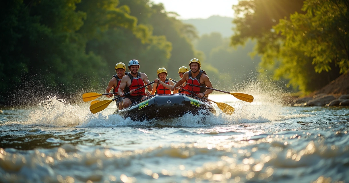 Praticantes de rafting descendo corredeiras em bote inflável cercados pela mata atlântica