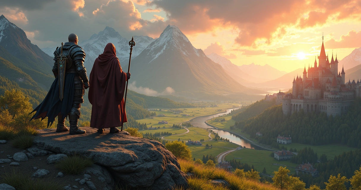 Guerreiro e maga explorando um vasto mundo aberto de fantasia 