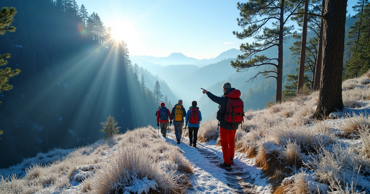 Trilha de inverno com aventureiros em parque nacional brasileiro 