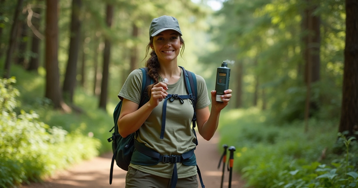 Mulher usando pipizito durante trilha com mochila e vegetação ao fundo. 