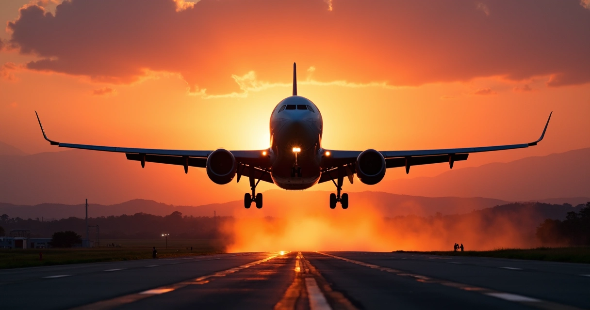 Avião decolando com fundo de pôr do sol vibrante, céu colorido e pista iluminada 