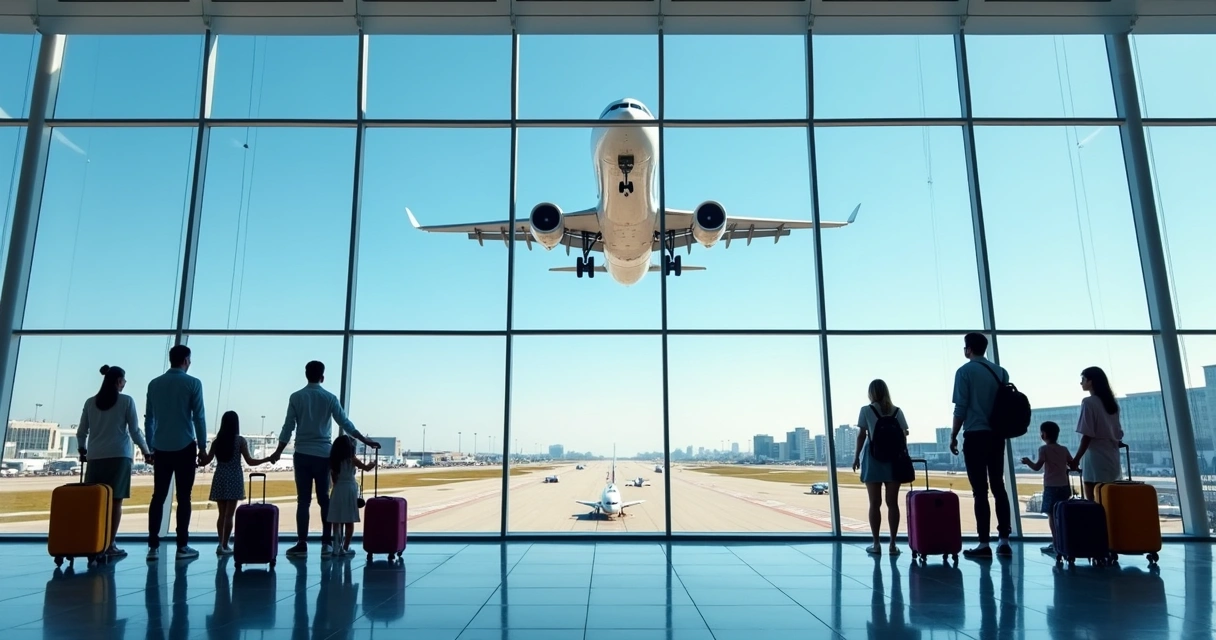 Avião decolando com famílias próximas à janela do aeroporto, bagagens coloridas ao redor 