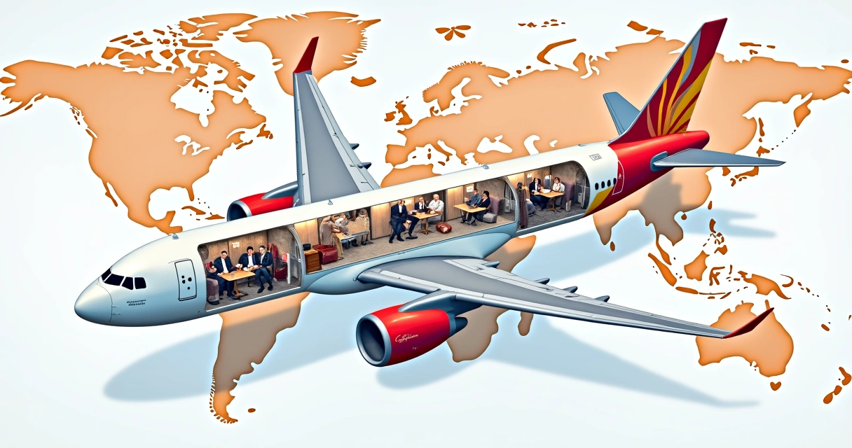 Ilustração de avião da Latam com destaque na nova cabine premium; fundo mostra passageiros corporativos e mapas de rotas 
