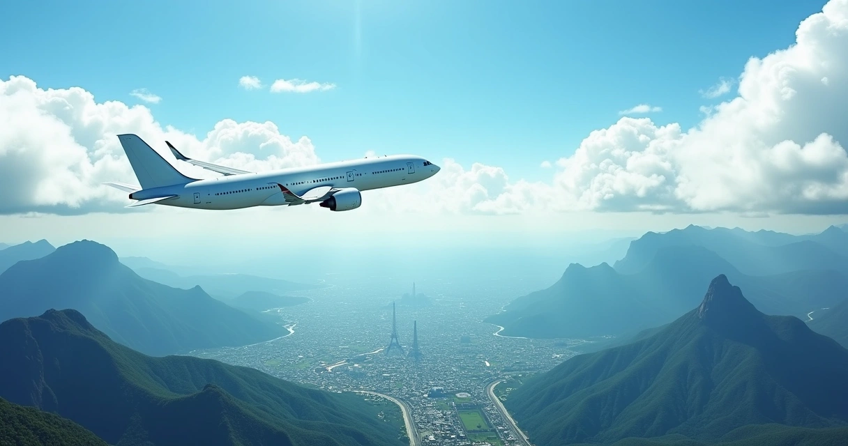 Avião sobrevoando paisagens com montanhas e cidades, incluindo o Cristo Redentor e a Torre Eiffel.