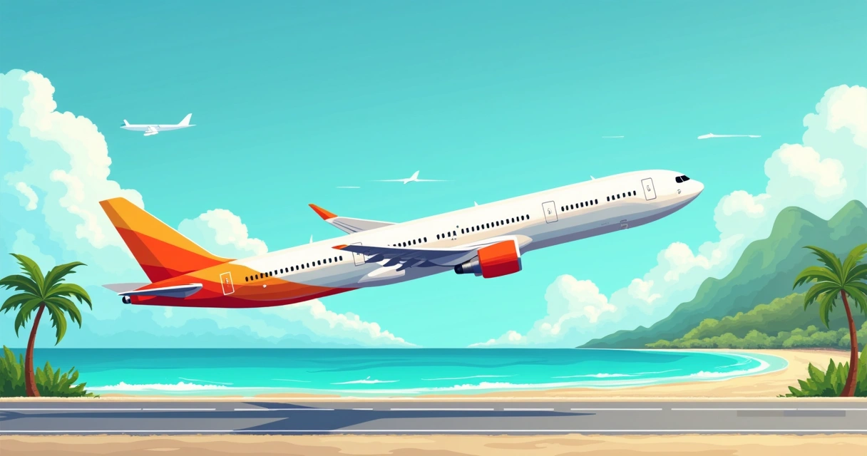 Avião decolando com praias de Punta Cana ao fundo