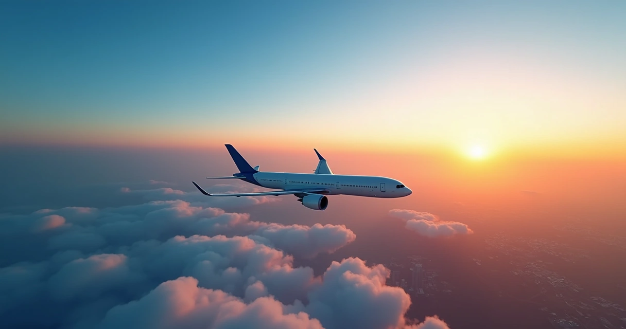 Avião comercial voando acima de nuvens com o céu azul e toques laranja do pôr do sol 