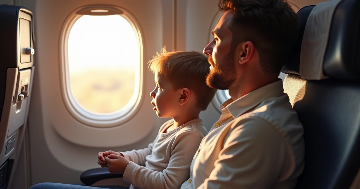 Criança sentada próxima à janela de avião com pai, ambos observando o céu