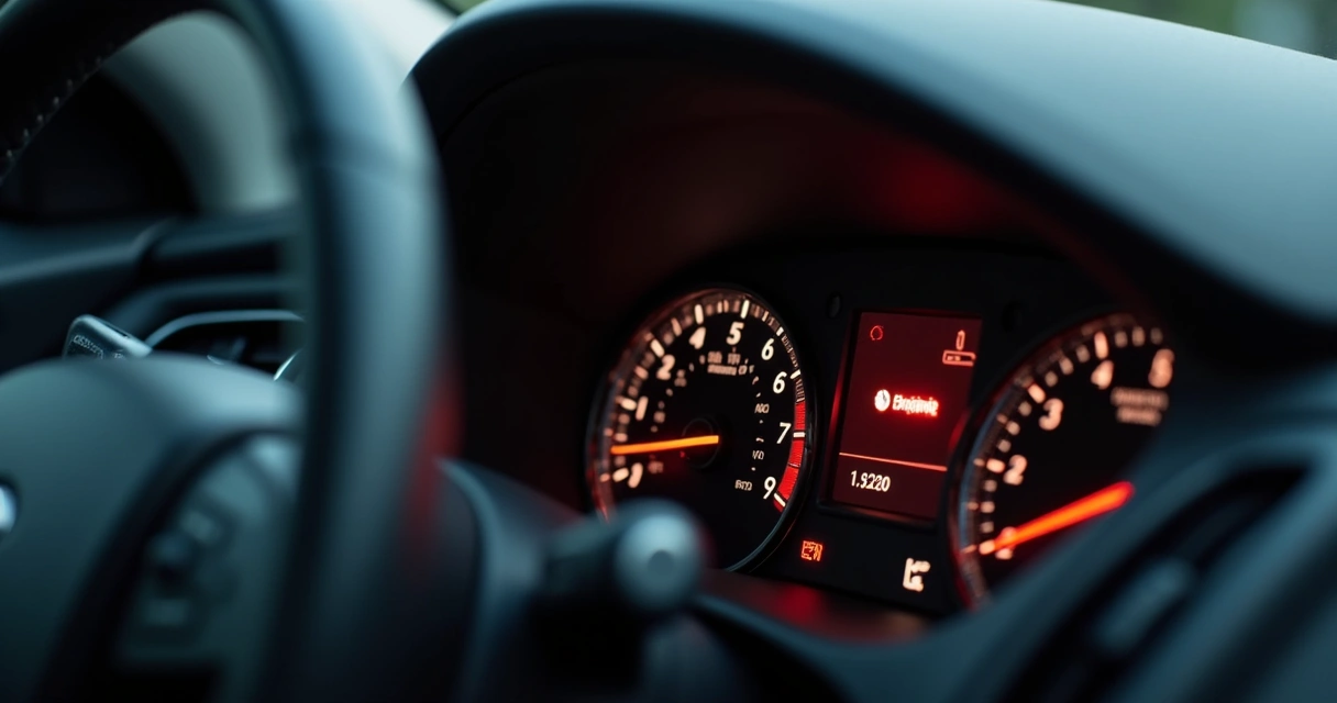 Painel do carro mostrando luz de injeção acesa com volante e velocímetro ao fundo
