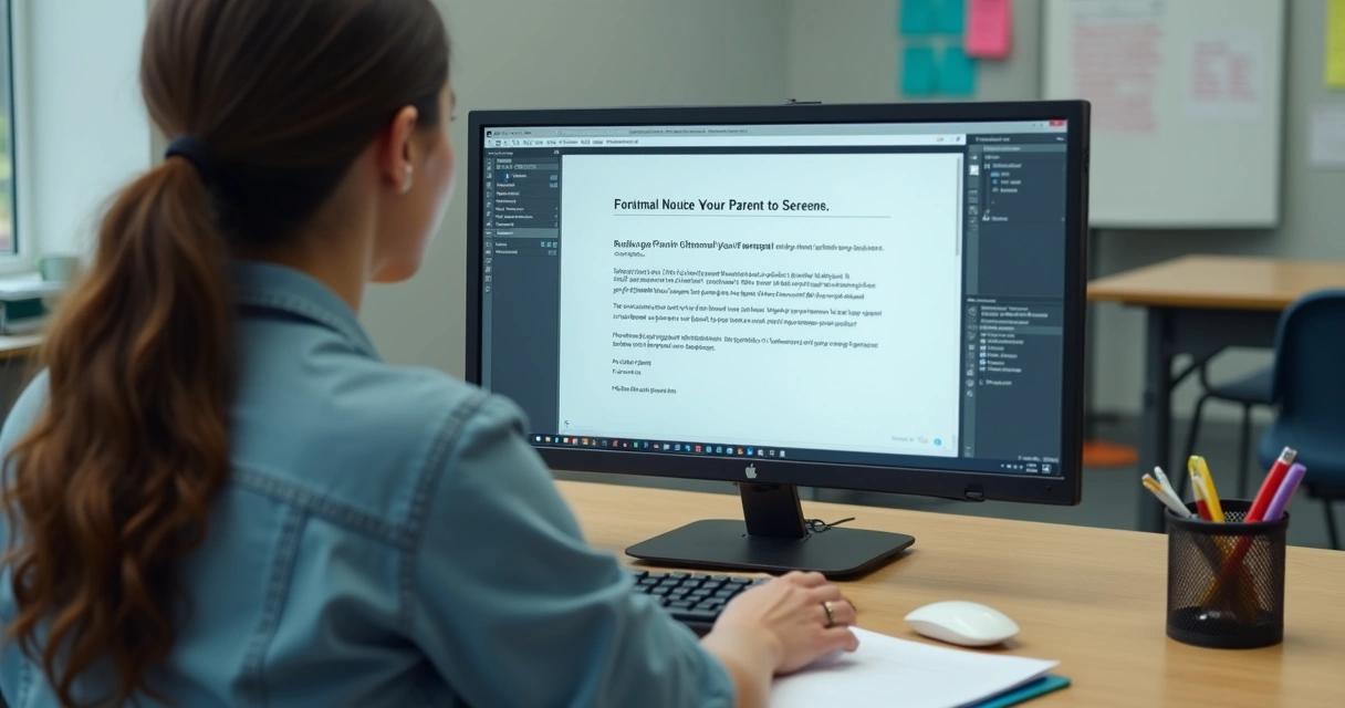 Aviso a pais sendo revisado por professora em tela de computador 