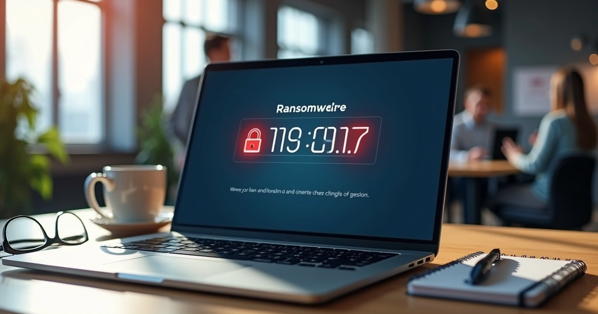 Notebook exibindo aviso de ransomware 