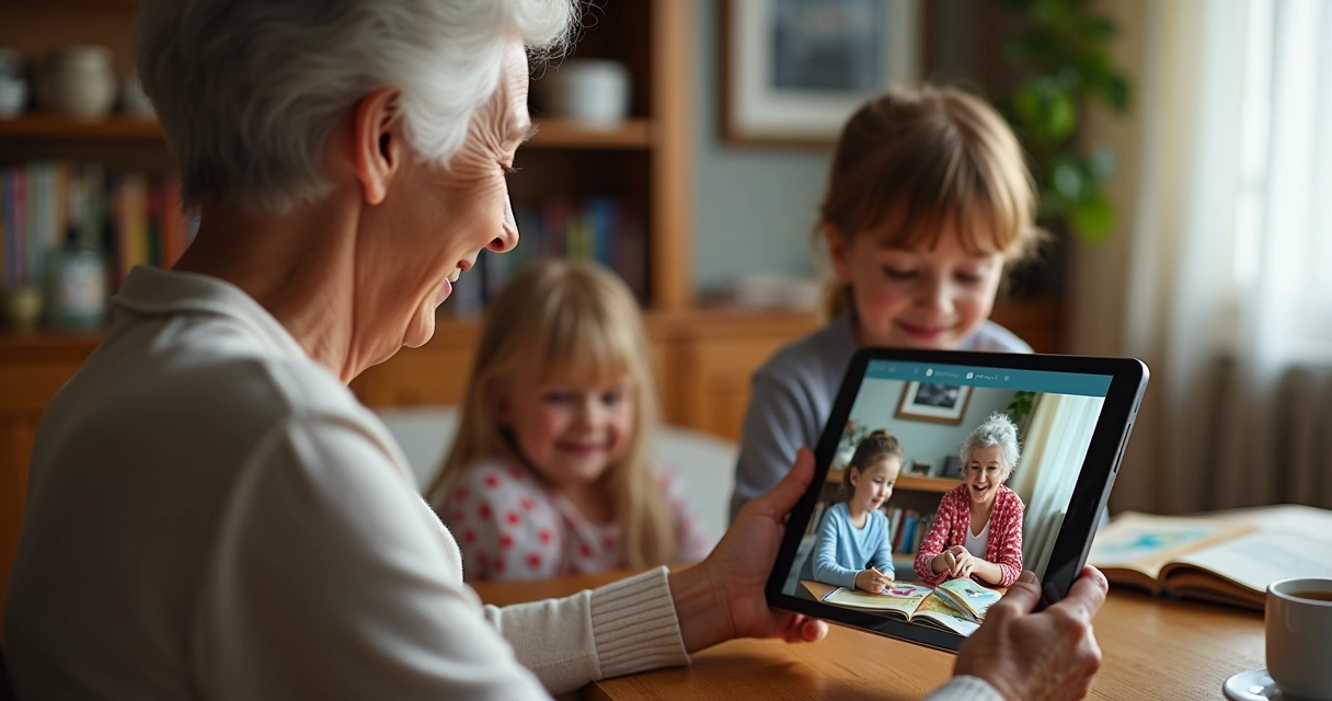 Avó sorridente em chamada de vídeo com netos lendo história pelo celular 
