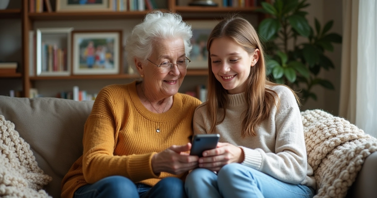 Avó e neta olhando celular juntas no sofá 