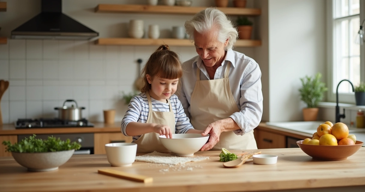 Avó e neto cozinhando juntos